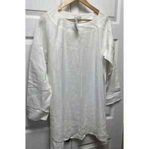 Charlotte Kellogg Margot White 100%  linen  band collar shirt tunic Large New
